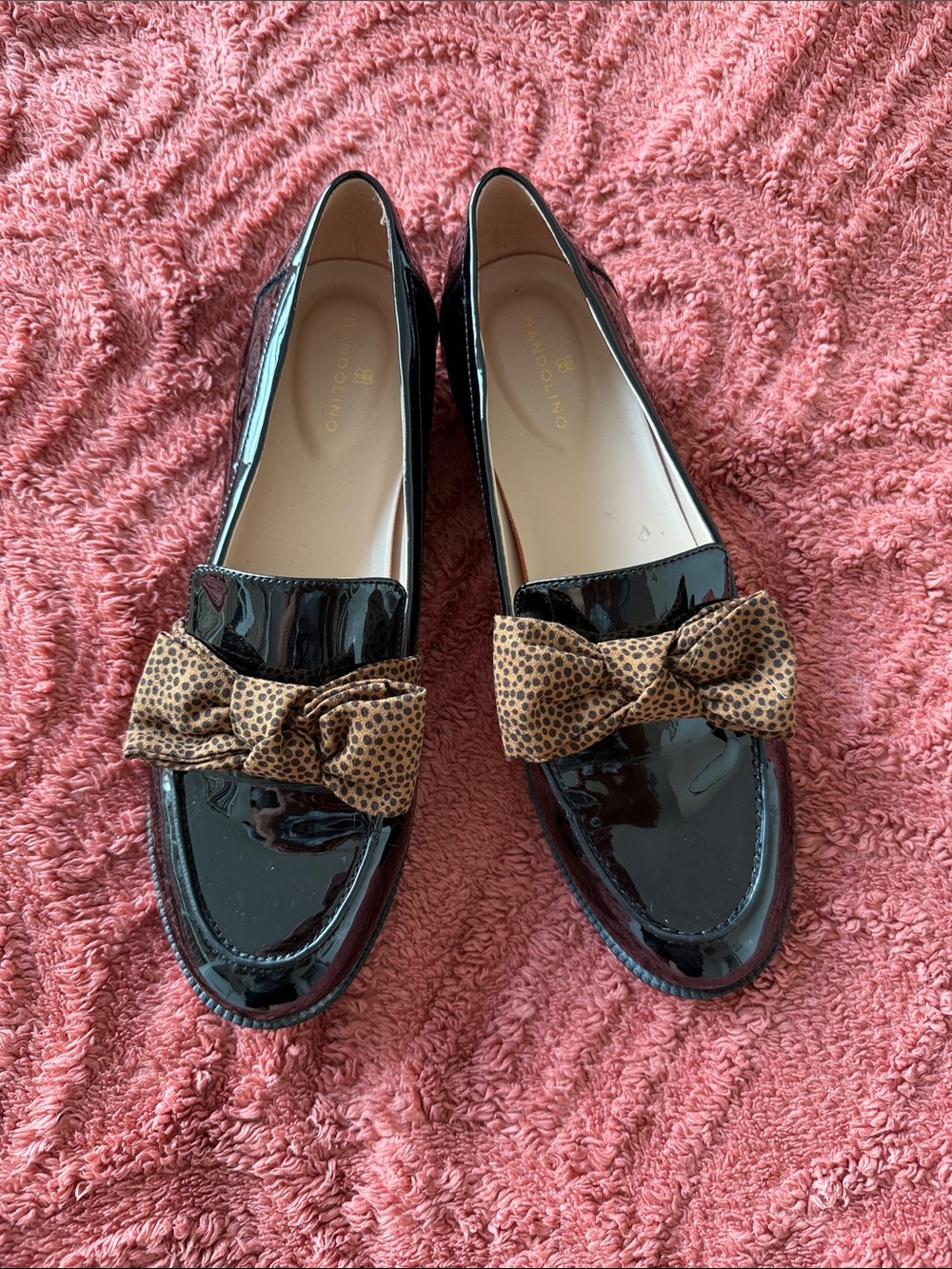 Bandolino Black Patent Loafers with Brown Polka-Dot Bow